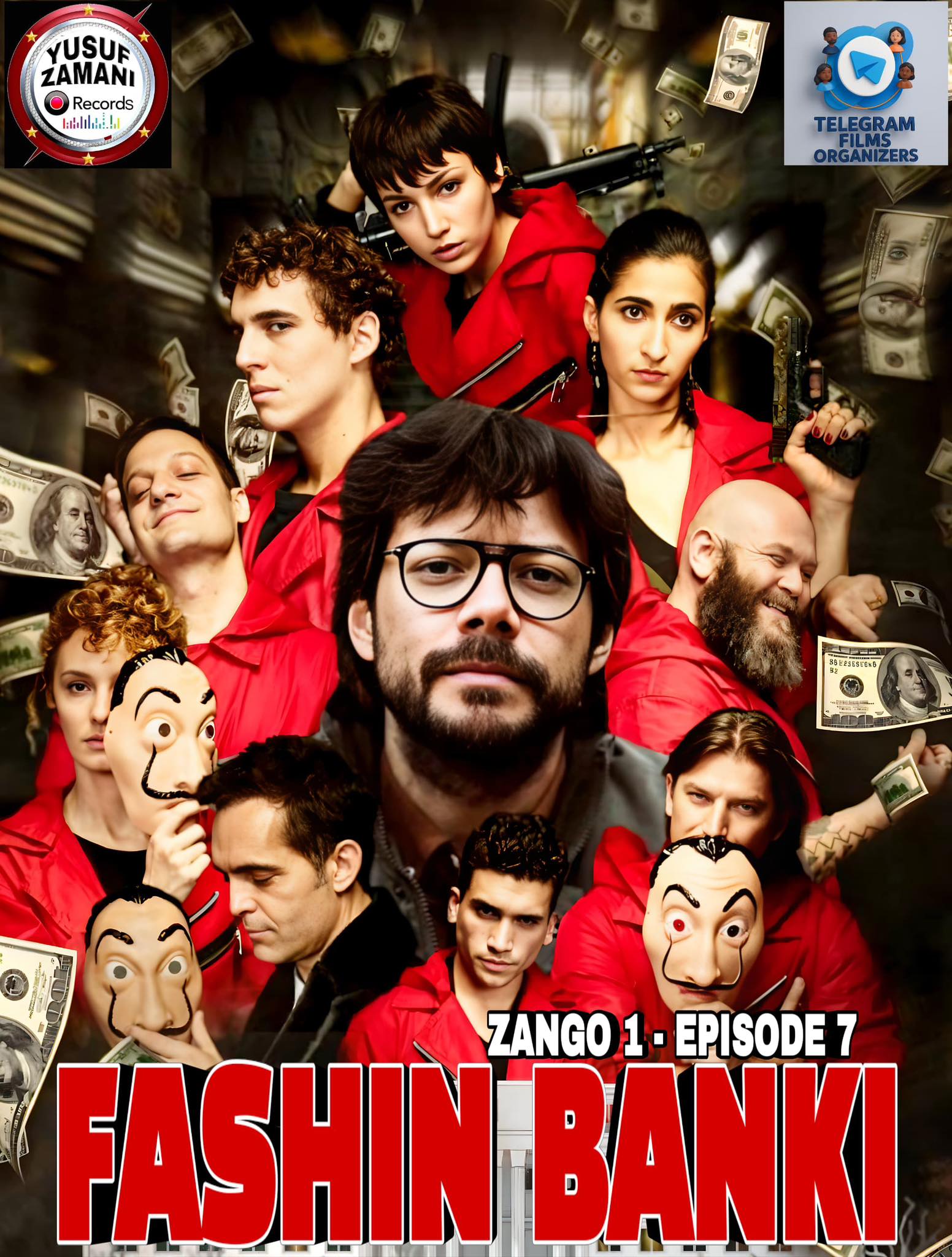 Indian Hausa Films Poster for Fashin Banki Zango 1 Episode 7 featuring characters with money and masks. | Arewa Movies TV