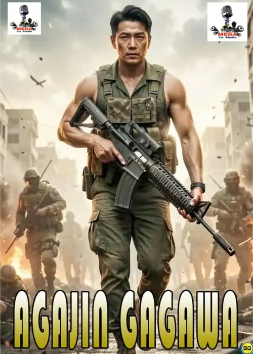Indian Hausa Films Main soldier holding rifle in 'Agajin Gagawawa' movie poster with soldiers behind. | Arewa Movies TV