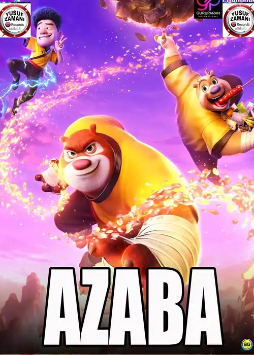 Indian Hausa Films AZABA movie poster with animated characters in action, colorful background, and title at bottom. | Arewa Movies TV