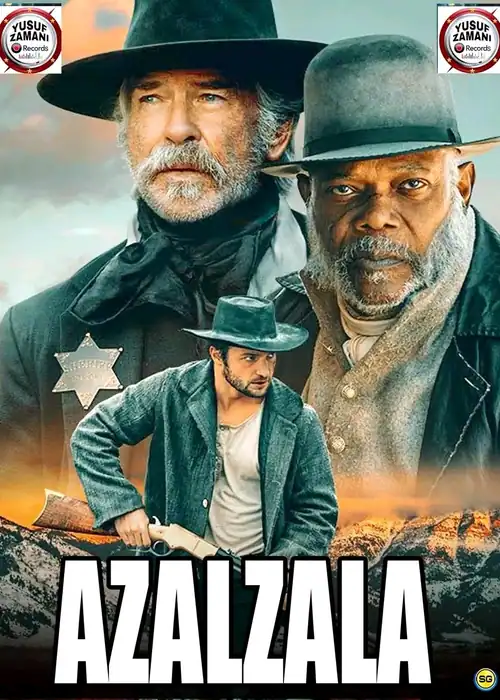 Indian Hausa Films Poster for Azalzala featuring two men in cowboy hats and a younger man with a gun. | Arewa Movies TV