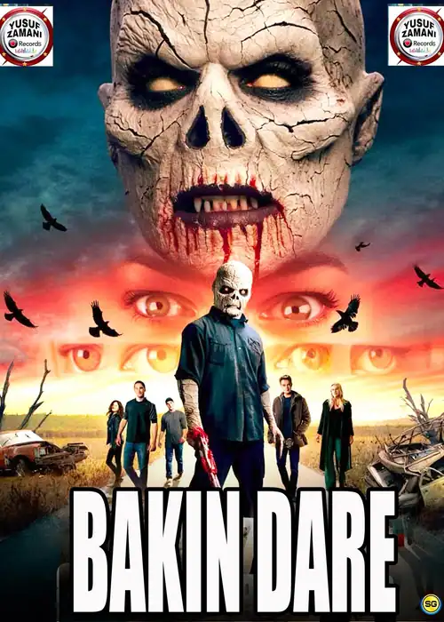 Indian Hausa Films Bakin Dare movie poster with a giant skull face and a group of people in a field. | Arewa Movies TV