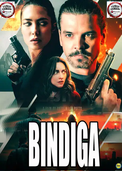 Indian Hausa Films BINDIGA Yusuf Zamani movie poster with three characters holding guns. | Arewa Movies TV