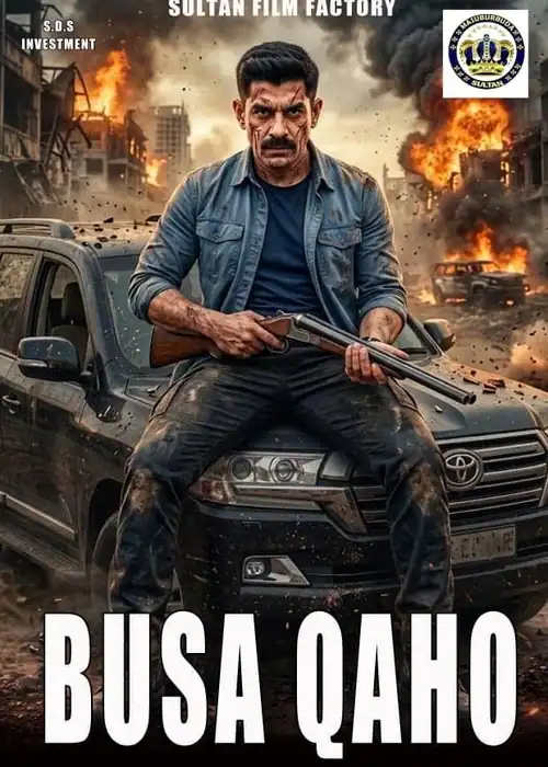 Indian Hausa Films Main character with gun in front of burning cityscape in Busa Qaho poster. | Arewa Movies TV