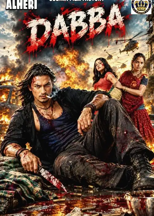 Indian Hausa Films Dabba movie poster with a man holding a knife, two women, and explosions in the background. | Arewa Movies TV