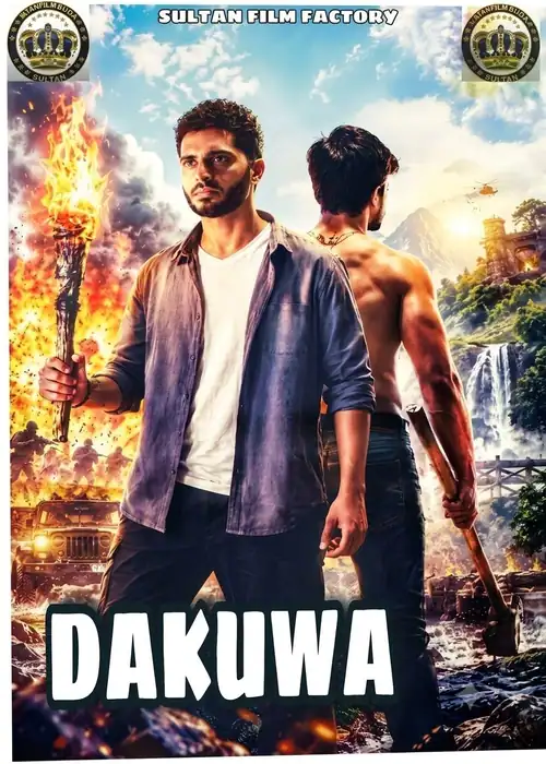 Indian Hausa Films Dakuwa movie poster with two men, one holding a torch, in front of a fiery background and waterfalls. | Arewa Movies TV