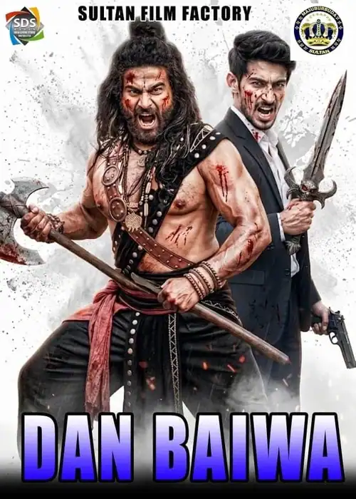 Indian Hausa Films Dan Baiwa movie poster with two fierce warriors, one with a sword and the other with a gun. | Arewa Movies TV