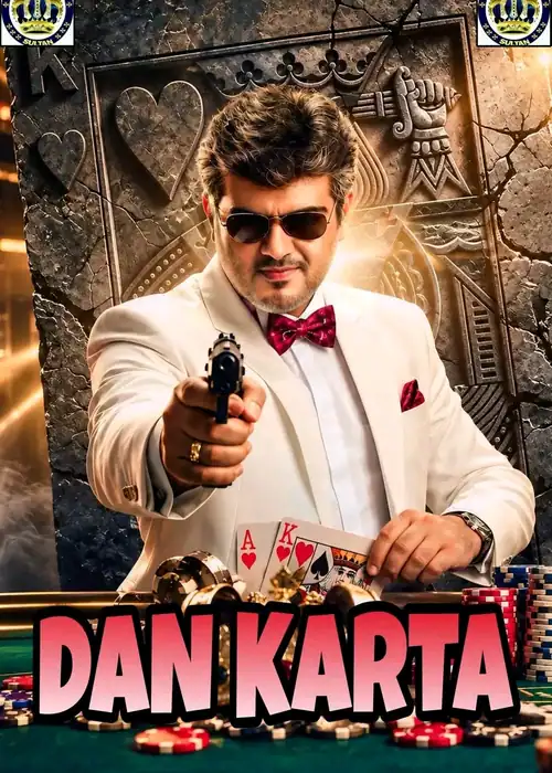 Indian Hausa Films Poster of Dan Karta featuring a man in sunglasses pointing a gun, with playing cards and poker chips. | Arewa Movies TV
