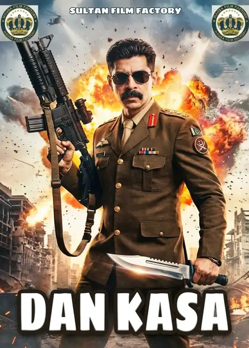 Indian Hausa Films Dan Kasa movie poster with a man in police uniform holding a gun, explosion background. | Arewa Movies TV