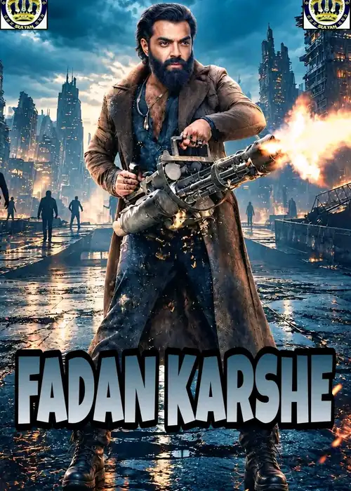 Indian Hausa Films Fadan Karshe movie poster with a man holding a gun in a cityscape. | Arewa Movies TV