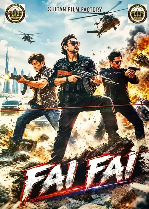 Indian Hausa Films Fai Fai Sultan Film Factory movie poster with three armed men in action scene. | Arewa Movies TV