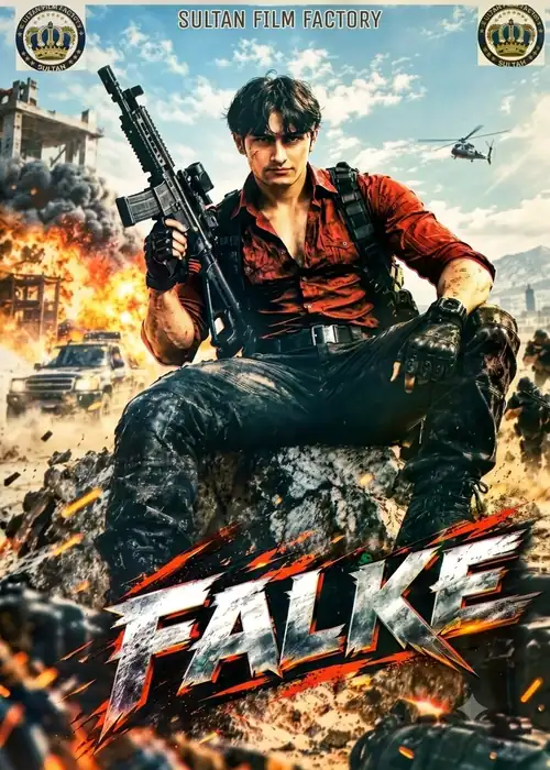 Indian Hausa Films FALKE movie poster featuring a man with a gun in a war zone with explosions and helicopters. | Arewa Movies TV