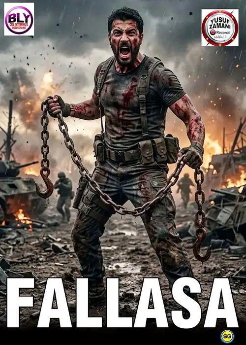 Indian Hausa Films Poster of Fallasa featuring a man in combat gear holding chains amid destruction. | Arewa Movies TV