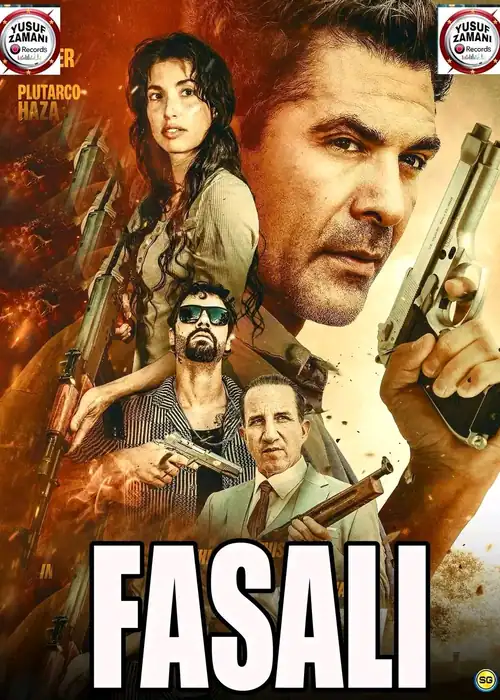 Indian Hausa Films Fasali movie poster with three characters holding guns, including a woman and two men, in intense st. | Arewa Movies TV