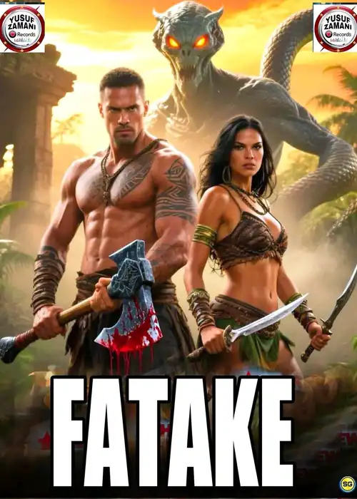 Indian Hausa Films FATAKE YUSUF ZAMANI movie poster with two warriors and a dragon in the background. | Arewa Movies TV