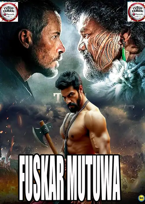 Indian Hausa Films Fuskara Mutuwa Yusuf Zamani movie poster with two men facing each other and a muscular man in the in. | Arewa Movies TV