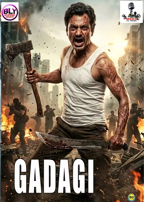 Indian Hausa Films Gadagi movie poster showing a fierce man with an axe in a destroyed city. | Arewa Movies TV