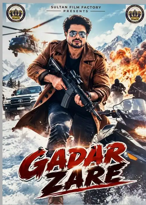 Indian Hausa Films Gadar Zare movie poster with a man holding a gun, mountains, and explosions. | Arewa Movies TV