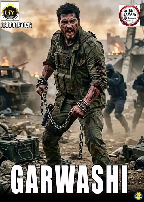Indian Hausa Films A man in military uniform with chains, amidst destruction, from the Garwashi movie poster. | Arewa Movies TV