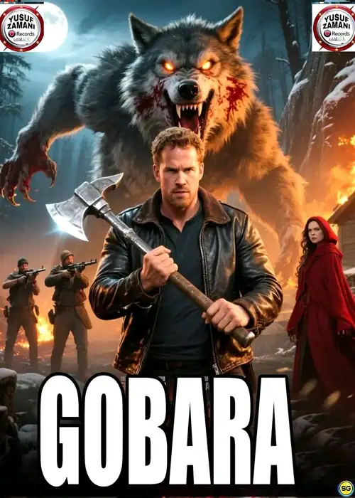 Indian Hausa Films GOBARA movie poster with a man holding an axe and a large wolf behind him. | Arewa Movies TV