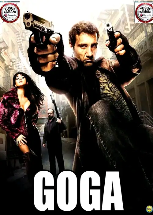 Indian Hausa Films Goga movie poster with a man aiming guns in a city street scene. | Arewa Movies TV