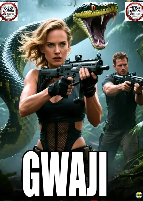 Indian Hausa Films GWAJI YUSUF ZAMAN movie poster with a woman holding a gun and a snake in the jungle. | Arewa Movies TV