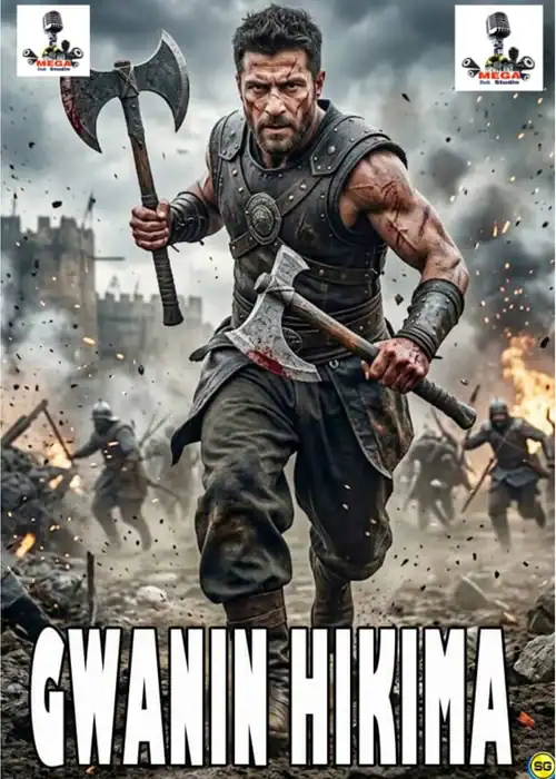 Indian Hausa Films Gwanin Hikima movie poster with a warrior holding an axe in a battle scene. | Arewa Movies TV