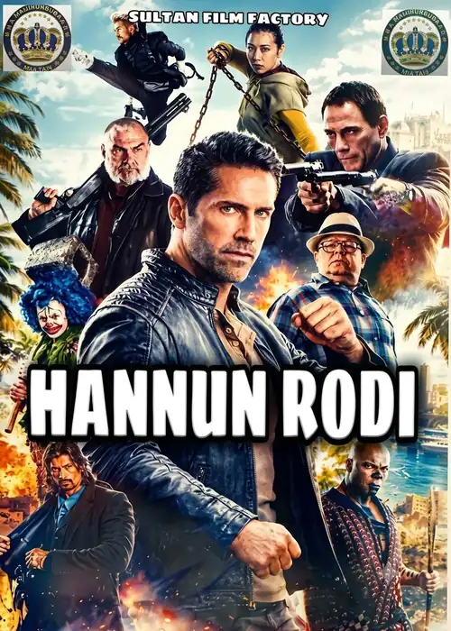Indian Hausa Films Hannun Rodi movie poster with characters in action scenes and city background. | Arewa Movies TV