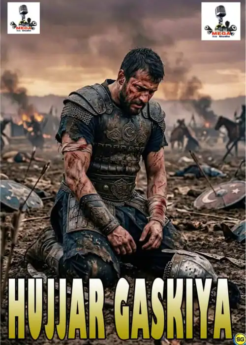 Indian Hausa Films Kneeling warrior in battle scene from Hujjar Gaskiya movie poster. | Arewa Movies TV