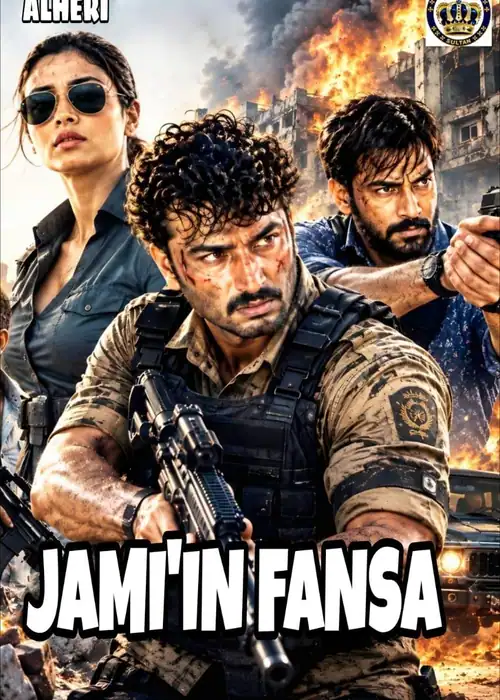 Indian Hausa Films Jami'in Fansa movie poster with three characters in combat gear in front of a burning building. | Arewa Movies TV