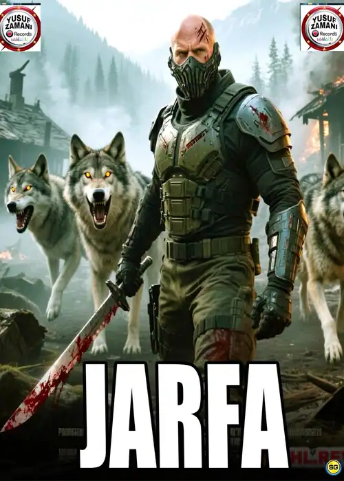 Indian Hausa Films JARFA movie poster with a man in tactical gear and wolves in a forest setting. | Arewa Movies TV