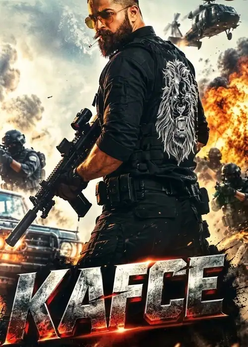 Indian Hausa Films Action scene from KACE movie poster with armed man and explosions. | Arewa Movies TV