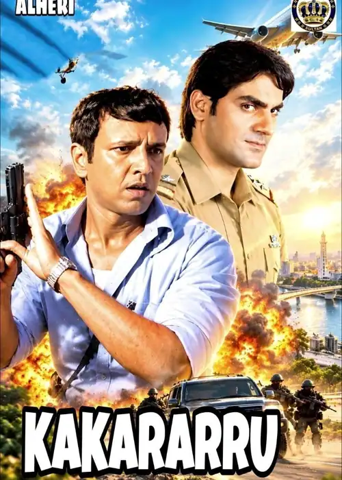 Indian Hausa Films Kakararru movie poster with two men, explosions, and aircraft in the background. | Arewa Movies TV