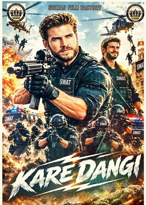 Indian Hausa Films Kare Dangi movie poster featuring armed SWAT team members in action. | Arewa Movies TV