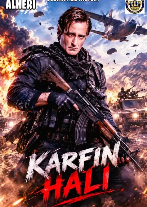 Indian Hausa Films Kareem Hali movie poster with a soldier holding a gun in front of explosions and military aircraft. | Arewa Movies TV