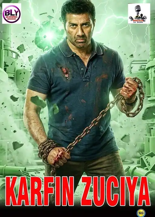 Indian Hausa Films Karfan Zuciya movie poster featuring a man with a chain and intense expression. | Arewa Movies TV