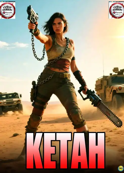 Indian Hausa Films KETAH movie poster featuring a woman with a chainsaw and gun in a desert. | Arewa Movies TV