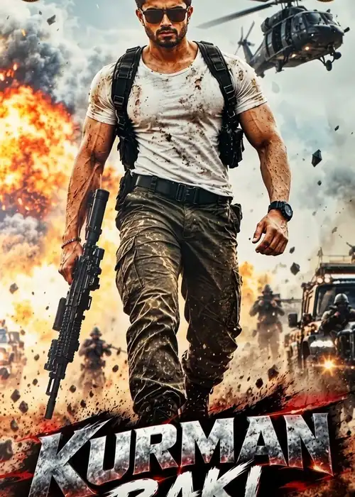 Indian Hausa Films KURMAN BAKI SULTAN MASTER movie poster with a soldier in combat gear and explosions. | Arewa Movies TV