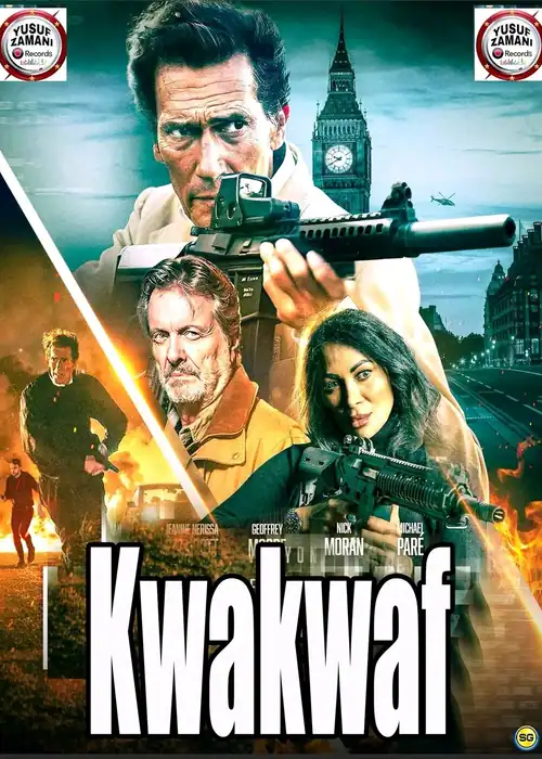 Indian Hausa Films Kwakwa movie poster with actors holding guns, London landmarks, and action scenes. | Arewa Movies TV
