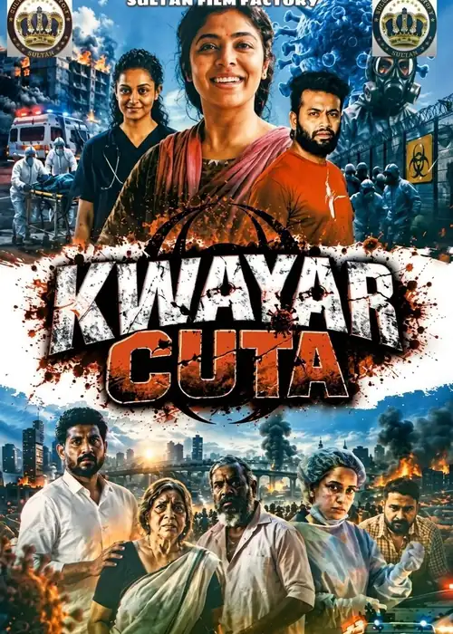 Indian Hausa Films Kwayar Cuta movie poster with characters in urban and chaotic scenes. | Arewa Movies TV