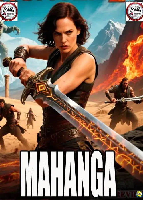 Indian Hausa Films Mahanga movie poster featuring a fierce woman wielding a sword with a volcanic eruption in the背景. | Arewa Movies TV