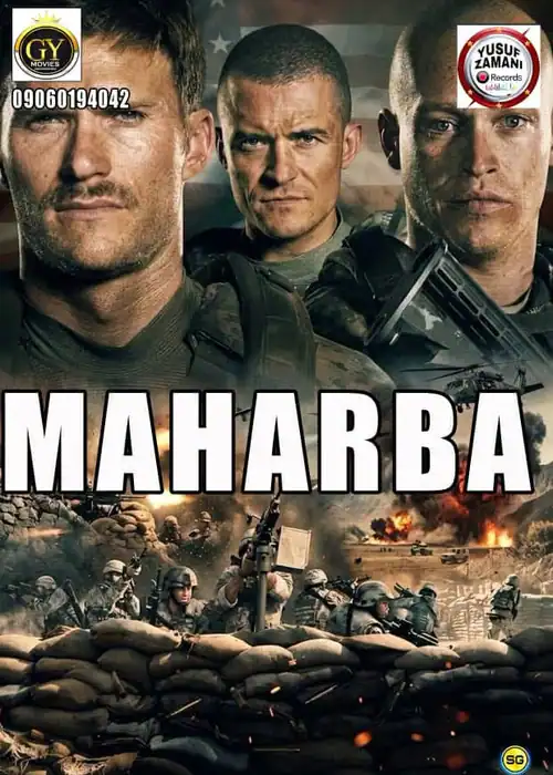 Indian Hausa Films Maharba movie poster with three soldiers' faces and battle scene in background. | Arewa Movies TV