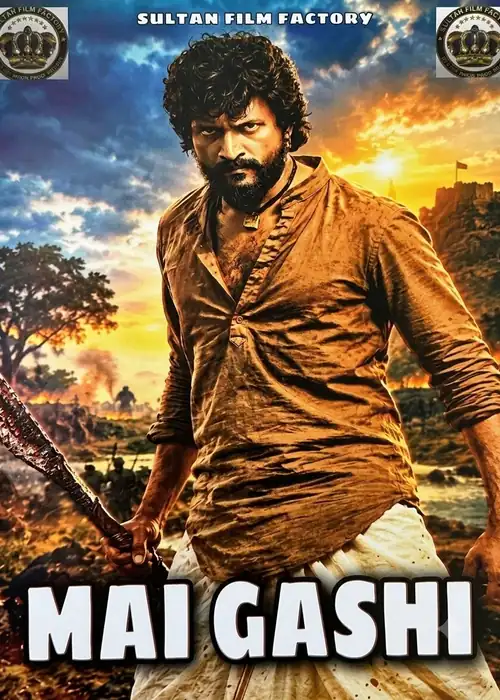 Indian Hausa Films Mai Gashi movie poster featuring a man with a beard holding a stick, sunset background. | Arewa Movies TV