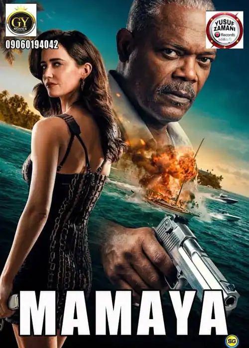 Indian Hausa Films Poster for Mamaya featuring a woman and a man with a gun, explosion in the background. | Arewa Movies TV