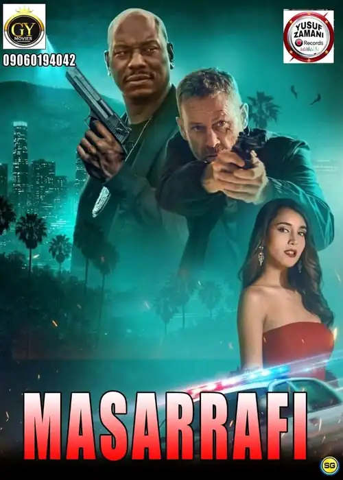 Indian Hausa Films Masarrafi movie poster with two men holding guns and a woman in a red dress. | Arewa Movies TV