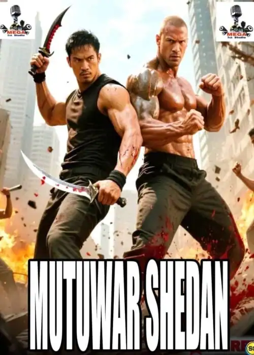 Indian Hausa Films Motowar Shedan movie poster with two muscular men holding weapons in a city scene. | Arewa Movies TV