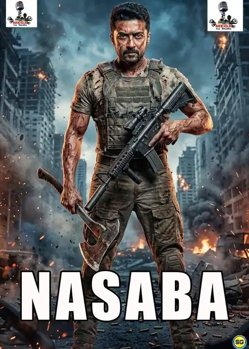 Indian Hausa Films Poster of Nasaba featuring a man with a gun in a destroyed cityscape. | Arewa Movies TV