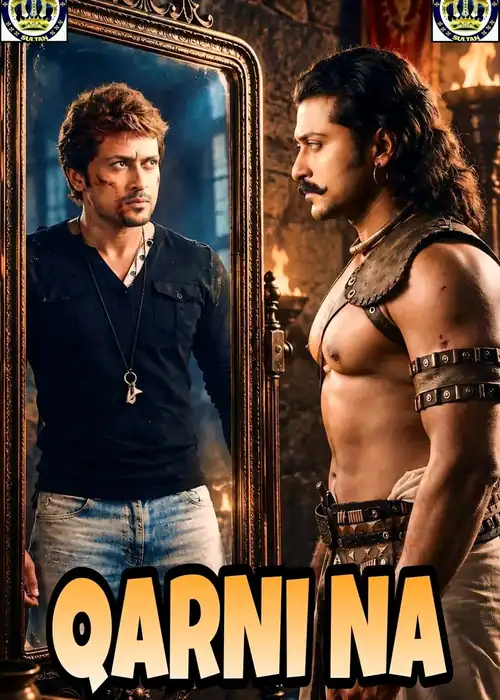 Indian Hausa Films Qarni Na movie poster with two men facing each other, one in modern clothes and the other in warrior. | Arewa Movies TV
