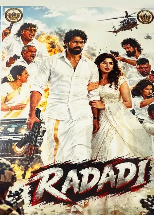 Indian Hausa Films Radadi movie poster with central characters and action scenes. | Arewa Movies TV