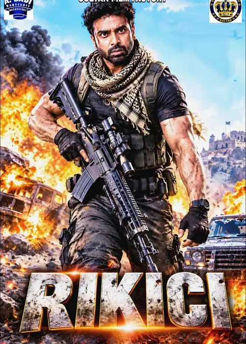 Indian Hausa Films Rikici movie poster featuring a man with a gun in a war zone with explosions. | Arewa Movies TV