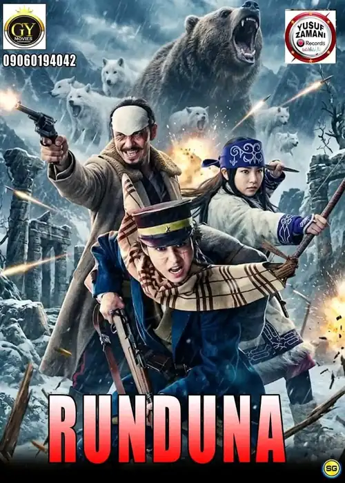 Indian Hausa Films Runduna movie poster with children and bears in a snowy landscape. | Arewa Movies TV